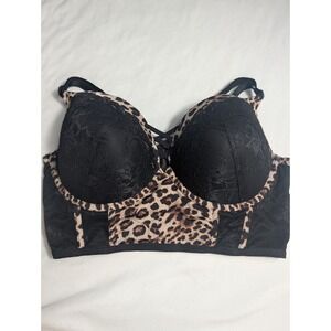 Torrid Leopard Lace Longline Push Up Bra Black Brown Animal Print 38DDD 668